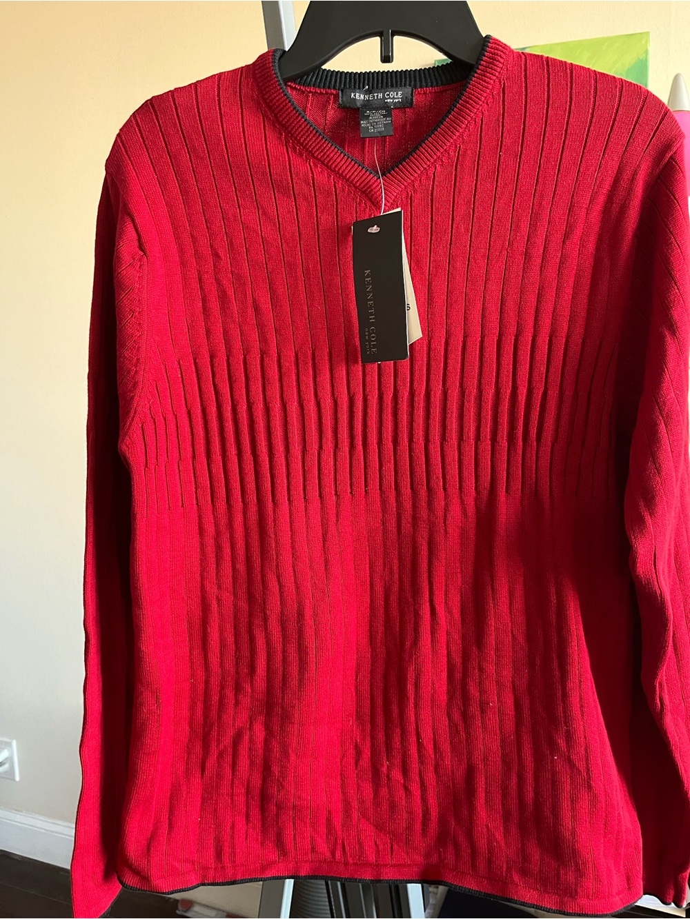 Kenneth Cole New York NWT Red 100% Cotton Ribbed V-Neck Sweater Small S